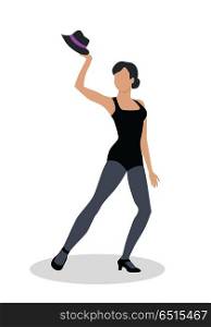 Jazz Dancer in Black Tights Launches with Hat. Jazz dancer in black tights launches with a hat. Dance to jazz music, including both tap dance and jitterbug. Graceful girl dance in tight cloth. Culture and entertainment. Vector illustration