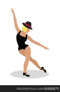 Jazz Dancer Tap Dance, Jitterbug, Swing, Lindy Hop. Blond jazz dancer in hat and sexy black suit. Tap Dance, Jitterbug, Swing dance, Lindy Hop, Modern jazz dance. Person entertain public on the fashion show at musical party. Fashion event. Vector