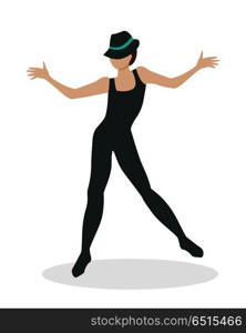 Jazz Dancer Tap Dance, Jitterbug, Swing, Lindy Hop. Jazz dancer in hat and long black suit. Tap Dance, Jitterbug, Swing dance, Lindy Hop, Modern jazz dance. Person entertain public on the fashion show at musical party. Fashion event. Vector