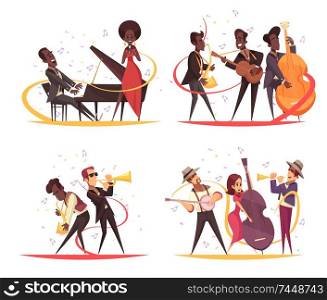 Jazz design concept with cartoon characters of musicians on stage with instruments and note silhouettes vector illustration