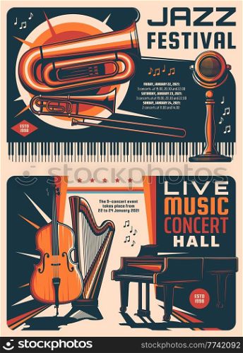 Jazz festival and music concert retro posters. Music live show, band performance or concert hall vector vintage banners with grand piano, harp and contrabass, trombone, euphonium and microphone. Jazz festival and music concert retro posters