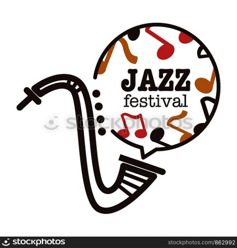 Jazz festival promotional banner with saxophone outline and cloud full of notes with thick sign isolated cartoon flat vector illustration on white background. Musical event commercial poster.. Jazz festival promotional banner with saxophone and notes