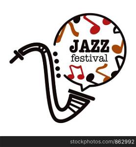Jazz festival promotional banner with saxophone outline and cloud full of notes with thick sign isolated cartoon flat vector illustration on white background. Musical event commercial poster.. Jazz festival promotional banner with saxophone and notes