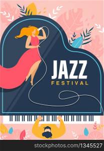 Jazz Festival Vertical Banner, Man Pianist Playing Grand Piano, Woman with Microphone Wearing Long Dress Performing on Stage Singing Songs. Invitation, Concert Flyer. Cartoon Flat Vector Illustration. Jazz Festival Banner, Invitation, Concert Flyer.