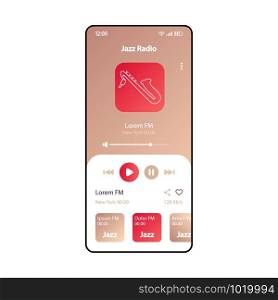 Jazz FM radio smartphone interface vector template. Mobile music player app page gradient design layout. Audio playlist, albums listening screen. Flat UI for application. MP3 player. Phone display