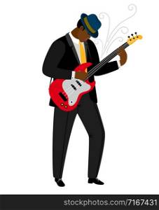 Jazz guitarist in hat with musical instrument. Vector jazz concert, instrument music guitarist illustration. Jazz guitarist in hat with musical instrument