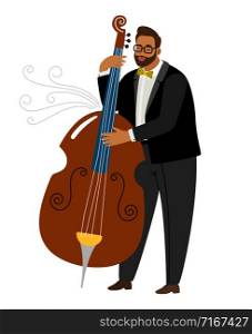 Jazz man contrabassist, vector cartoon character with instrument. Jazz musician player, sound musical contrabassist illustration. Jazz man contrabassist, vector cartoon character with instrument