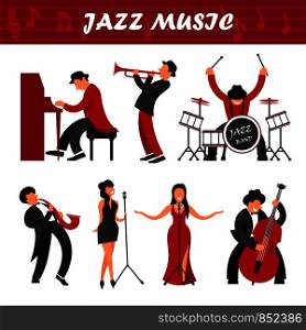 Jazz music band musicians, singers and performers vector icons. Man playing musical instrument piano, saxophone or drum station and woman singing isolated jazz stage people characters. Jazz music band musicians and singers performer people vector icons playing musical instruments