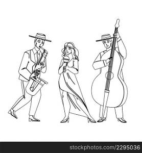Jazz Music Band Performing Song Together Black Line Pencil Drawing Vector. Woman Singing In Microphone And Men Playing Jazz Music On Saxophone And Contrabass Instrument. Characters Illustration. Jazz Music Band Performing Song Together Vector