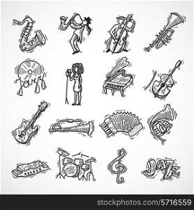 Jazz music club party icons sketch set with saxophone trumpet singer and double bass isolated vector illustration