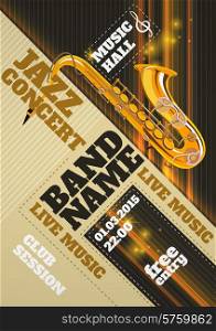 Jazz music concert club invitation poster with saxophone vector illustration. Jazz Concert Poster