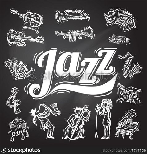 Jazz music decorative icons chalkboard set with instruments musicians and vinyl isolated vector illustration