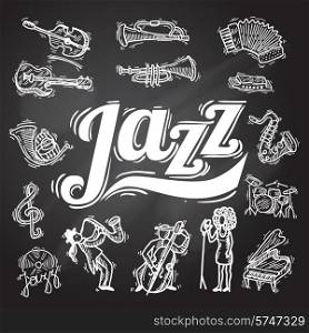 Jazz music decorative icons chalkboard set with instruments musicians and vinyl isolated vector illustration