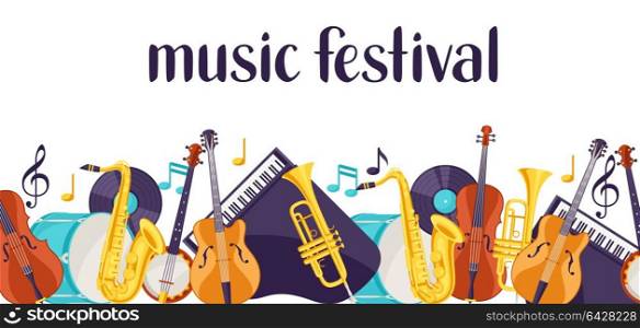 Jazz music festival banner with musical instruments. Jazz music festival banner with musical instruments.