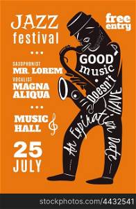 Jazz Music Festival Lettering Silhouette Poster . Jazz festival in music hall advertisement bill poster with black musician silhouette and lettering abstract vector illustration