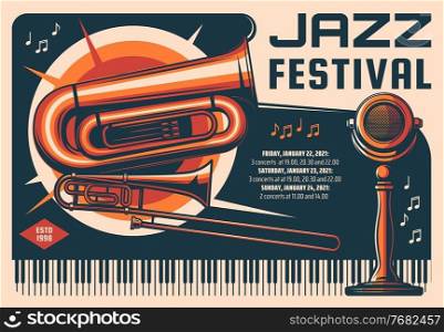 Jazz music festival retro vector banner. Live music concert, musician performance vintage poster, flyer or leaflet. Trombone and euphonium brass musical instrument, piano and old stage microphone. Jazz festival, live music performance retro banner