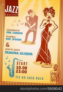 Jazz music festival vintage poster. Jazz music festival date and time announcement vintage poster with popular saxophonist and drummer abstract vector illustration