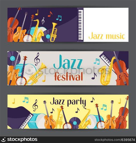 Jazz music party festival banners with musical instruments. Jazz music party festival banners with musical instruments.