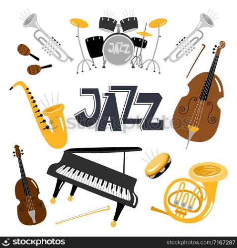 Jazz musical instruments. Vector music instrument objects collection isolated on white, drums and tuba, vintage brass, acoustic violin orchestra. Jazz musical instruments. Vector music instrument objects collection isolated, drums and tuba, vintage brass, acoustic violin orchestra