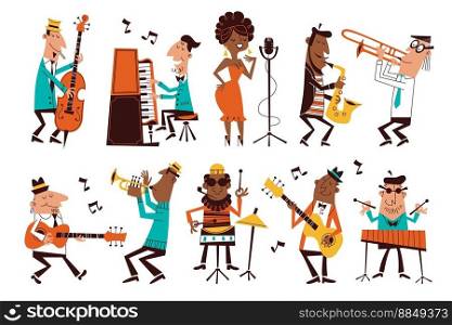 Jazz musicians. Cartoon band characters, funny people, different musical instruments, cute pianist, vocalist and saxophonist, drummer and singer, tidy vector flat isolated orchestra performance set. Jazz musicians. Cartoon band characters, funny people, different musical instruments, cute pianist, vocalist and saxophonist, drummer and singer, tidy vector orchestra performance set