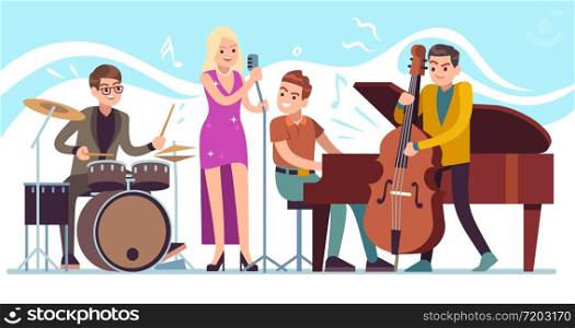 Jazz musicians. Music performing, funky musicians with saxophone, trumpet and drums, jazz festival vintage party vector quartet characters. Jazz musicians. Music performing, funky musicians with saxophone, trumpet and drums, jazz festival vintage party vector characters