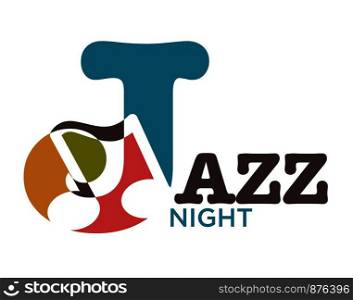 Jazz night musical art poster. Vector J letter logo in musical note symbols for jazz band concert or saxophone music party. Jazz night musical art vector poster