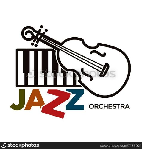 Jazz orchestra musical art poster. Vector violin fiddle or contrabass and piano stave icon for jazz band concert or saxophone music party. Jazz orchestra musical art vector poster