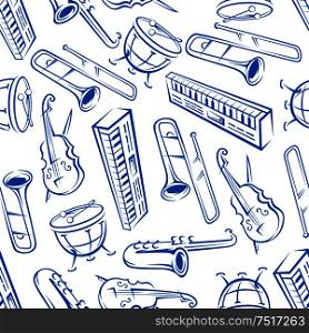 Jazz orchestra musical instruments background with seamless pattern of blue sketchy saxophones, trombones, timpani drums, cellos and synthesizers. May be use as music, arts theme or scrapbook page backdrop design. Jazz musical instruments seamless pattern