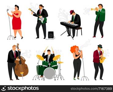 Jazz people. Singing girl with microphone and friendly piano player, brass saxophonist, guitarist musician and drummer performer, vector illustration. Jazz people set