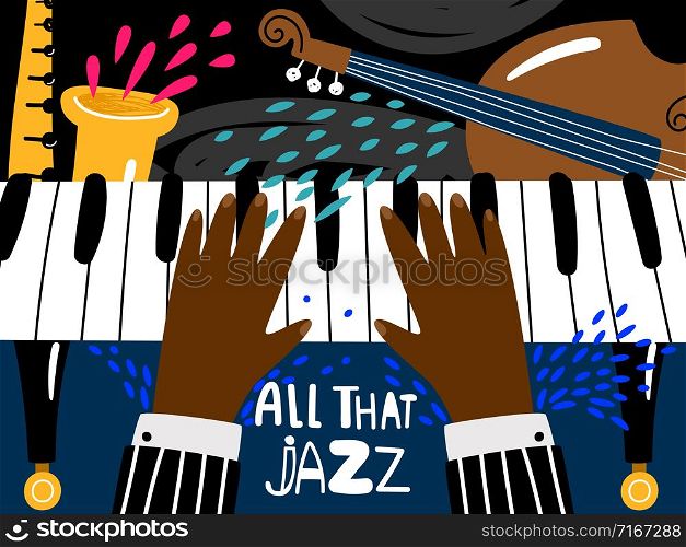 Jazz piano poster. Blues and jazz rhythm musical art festival, vintage music band concert poster template in modern style vector illustration. Jazz piano poster. Blues and jazz rhythm musical art festival, vector vintage music band concert poster template in modern style