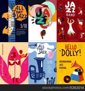 Jazz Poster Set. Colorful jazz festival musicians singers and musical instruments poster set flat isolated vector illustration