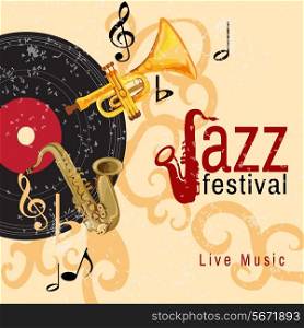 Jazz retro music festival concert live horn performance poster with black vinyl gramophone record abstract vector illustration