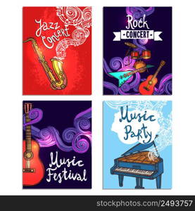 Jazz rock classic concert mini poster sketch set with music instruments isolated vector illustration