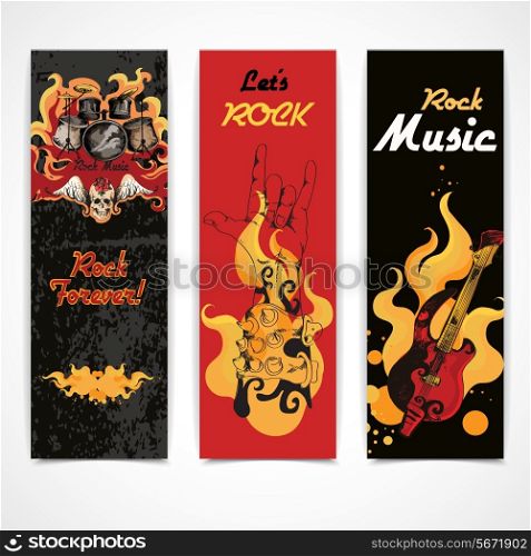 Jazz rock music festival concert banners set with electric guitar drums cymbals flames abstract isolated vector illustration