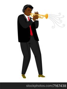 Jazz trumpeter playing on concert isolated on white. Jazz trumpeter african, musician man. Vector illustration. Jazz trumpeter playing on concert isolated on white