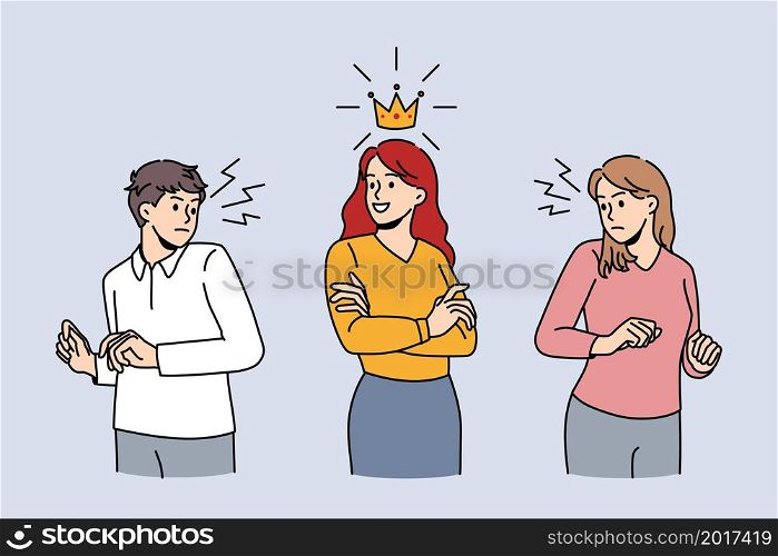 Jealous colleagues envy successful female coworker with crown on head. Confident motivated businesswoman make business partners angry. Rivalry and competition. Vector illustration.. Jealous colleagues envy successful female coworker