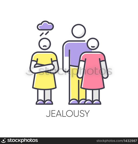 Jealousy RGB color icon. Betrayal in romantic relationship. Conflict between man and woman. Rivalry situation. Feeling envious. Boyfriend cheat on girlfriend. Isolated vector illustration. Jealousy RGB color icon