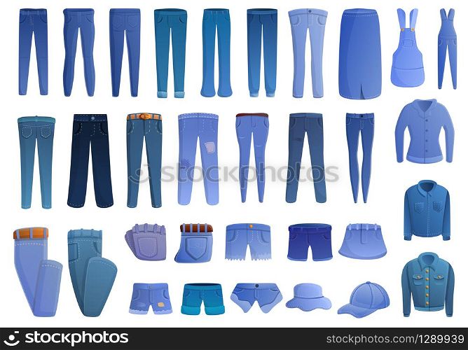 Jeans icons set. Cartoon set of jeans vector icons for web design. Jeans icons set, cartoon style
