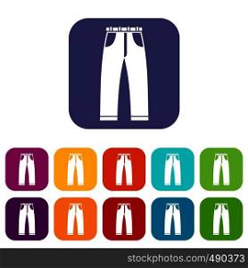 Jeans icons set vector illustration in flat style in colors red, blue, green, and other. Jeans icons set