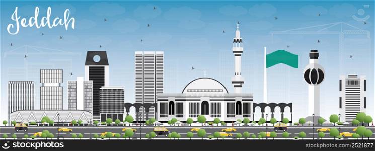 Jeddah Skyline with Gray Buildings and Blue Sky. Vector Illustration. Business Travel and Tourism Concept with Modern Buildings. Image for Presentation Banner Placard and Web Site.
