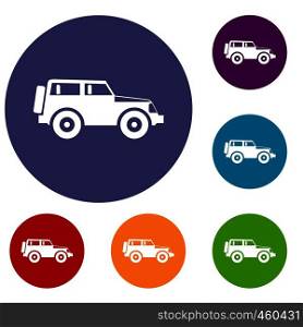 Jeep icons set in flat circle reb, blue and green color for web. Jeep icons set