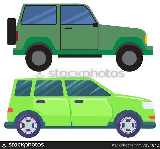 Jeep or pickup vector, isolated set of automobiles with tyre. Driving vehicles of green color, transport in city, transportation in town. Auto illustration in flat style design for web, print. Large Cars Hotroad Automobile Green Pickup Jeep