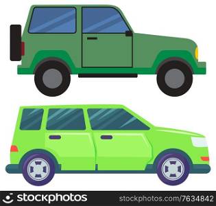 Jeep or pickup vector, isolated set of automobiles with tyre. Driving vehicles of green color, transport in city, transportation in town. Auto illustration in flat style design for web, print. Large Cars Hotroad Automobile Green Pickup Jeep