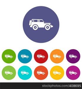 Jeep set icons in different colors isolated on white background. Jeep set icons