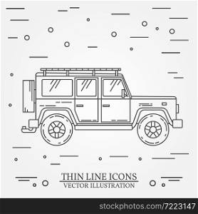 Jeep thin line. Jeep travel grey and white vector pictogram isolated on white. Summer family travel concept. Vector illustration.