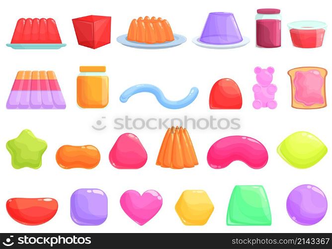 Jelly icons set cartoon vector. Confectionery dessert. Frozen gelatin. Jelly icons set cartoon vector. Confectionery dessert