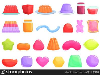 Jelly icons set cartoon vector. Confectionery dessert. Frozen gelatin. Jelly icons set cartoon vector. Confectionery dessert