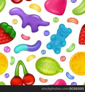 Jelly pattern. Gelatin products sweets for kids colored gummy fish and bear decent vector seamless background of jelly delicious dessert product illustration. Jelly pattern. Gelatin products sweets for kids colored gummy fish and bear decent vector seamless background