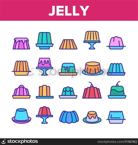 Jelly Sweet Dessert Collection Icons Set Vector Thin Line. Jelly On Plate In Different Shape, With Cherry And Cream On Top Concept Linear Pictograms. Color Contour Illustrations. Jelly Sweet Dessert Collection Icons Set Vector