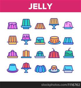 Jelly Sweet Dessert Collection Icons Set Vector Thin Line. Jelly On Plate In Different Shape, With Cherry And Cream On Top Concept Linear Pictograms. Color Contour Illustrations. Jelly Sweet Dessert Collection Icons Set Vector